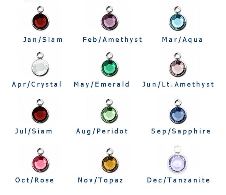 May include: Twelve round gemstone charms, each representing a different month of the year. The charms are silver with a variety of colored gemstones, including red, purple, blue, green, white, and pink.