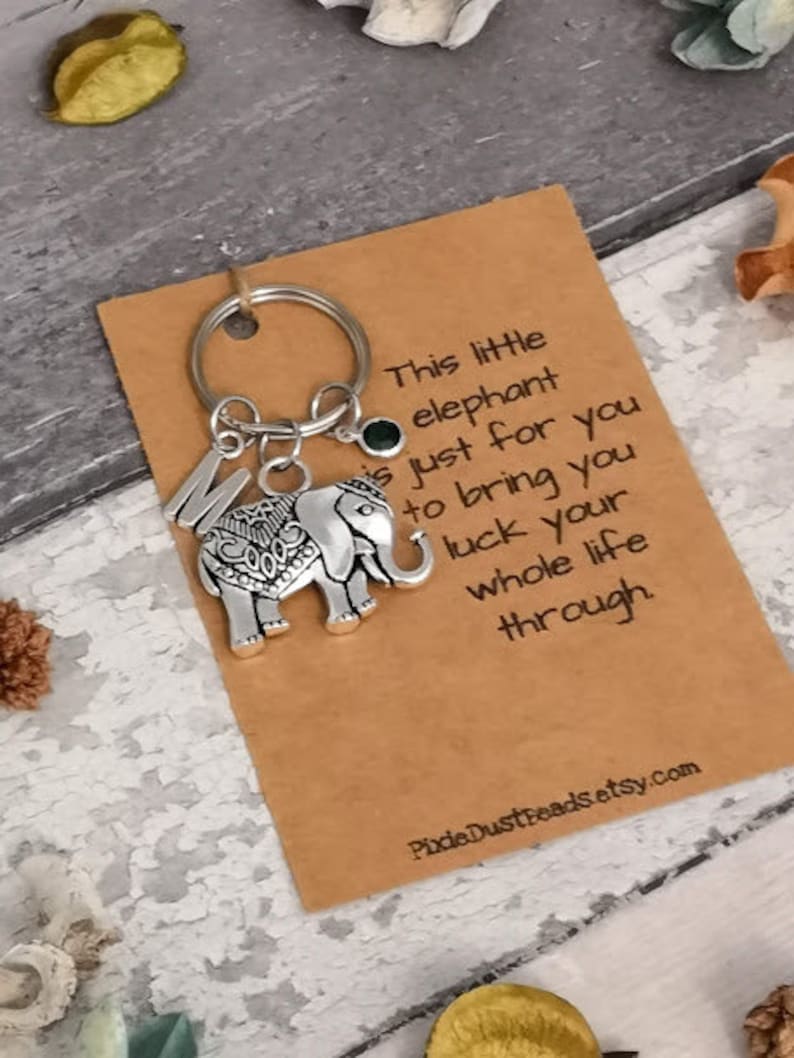 Pu&ograve; includere: Un portachiavi in ​​argento con un ciondolo a forma di elefante, una gemma verde e la lettera "M" appesi a un anello di chiave in argento. Il portachiavi &egrave; su una carta marrone con il testo "This little elephant is just for you to bring you luck your whole life through" e l'indirizzo del sito web "PixieDustReads.etsy.com".