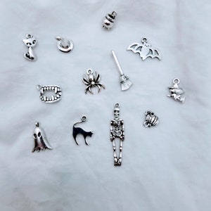 May include: A collection of silver charm pendants with Halloween themes, including a witch's hat, a spider, a ghost, a cat, a skeleton, a bat, a cauldron, a broom, fangs, and a pumpkin.