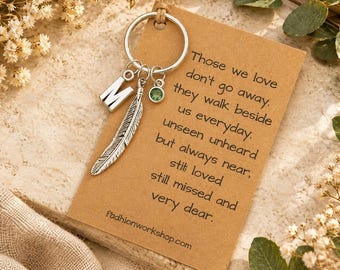 May include: A silver-toned metal keychain featuring a circular ring, a letter M charm, a feather charm, and a small green circular stone charm attached to a rectangular kraft paper card with the printed text: Those we love don't go away.