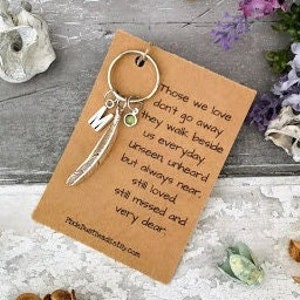 May include: A silver keyring with a feather charm, a green crystal charm, and a letter "M" charm. The keyring is attached to a card with the text "Those we love don't go away they walk beside us everyday. Unseen unheard but always near, stis loved stë missed and very dear."