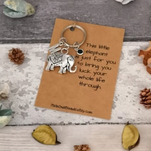Pu&ograve; includere: Un portachiavi con ciondolo a forma di elefante d'argento con un ciondolo di pietra verde e un biglietto che dice "Questo piccolo elefante &egrave; solo per te per portarti fortuna per tutta la vita."  Pixie Dust reads etsy.com