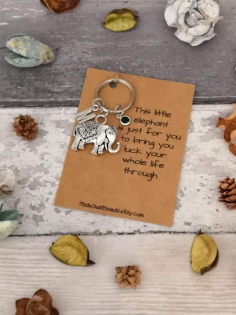 Pu&ograve; includere: Un portachiavi con ciondolo a forma di elefante d'argento con un ciondolo di pietra verde e un biglietto che dice "Questo piccolo elefante &egrave; solo per te per portarti fortuna per tutta la vita."  Pixie Dust reads etsy.com