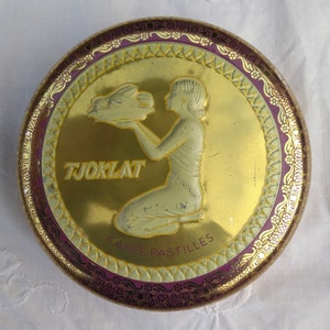Puszka Vintage Tjoklat, wyprodukowana w Holandii, Amsterdam, pudełko na ozdoby, pudełko na blasze, shabby chic puszka o okrągłym kształcie. zdjęcie 2