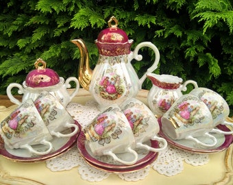Magnifique service à thé vintage mocca Fragonard, décorations crème, cerise et or