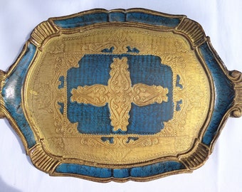 1950s Italian wooden serving tray, gold with blue decorations