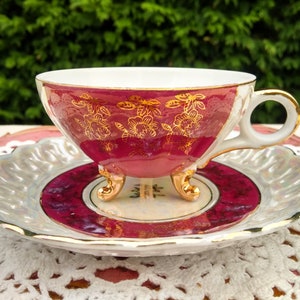 Vintage Tea Cups - Set 3 Japan Nippon Luster Lustre - Red
