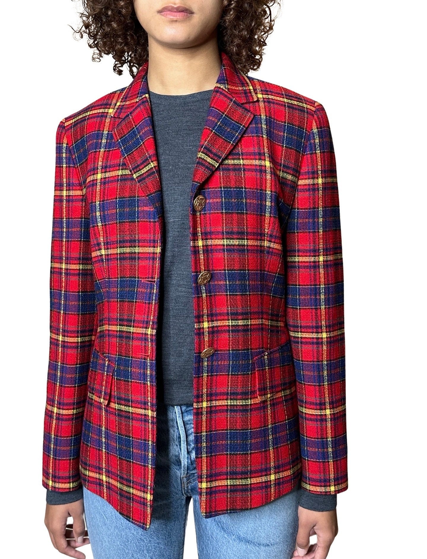 Red tartan plaid blazer sale