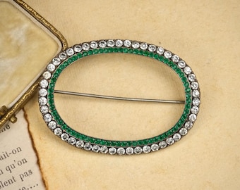 Rare Antique Edwardian 900 Silver Clear And Emerald Green Paste Oval Shape Brooch Georgian Revival