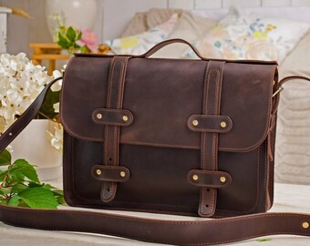 Leather Laptop Briefcase for Women | Business Briefcase | 3 Sizes | 7 Colors | FREE Personalization | Clasp and Backside Pocket on Demand