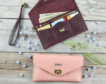 Leather Wallet, Handmade clutch with Wristlet and Crossbody Strap for a modern woman, Women's gift