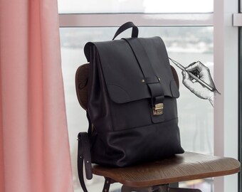 Large backpack leather,Black leather backpack,Large black back pack,Laptop backpack black,Black rucksack laptop,Handmade backpack large