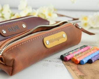 Leather pencil case/Leather pencil pouch/Personalized pencil holder