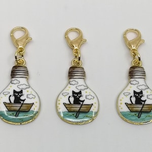 Cat Stitch Markers, Knitting Stitch Markers, Progress Markers, Zipper Pull, Progress Keeper, Cat Charm, Cat in a Boat, Lightbulb Design