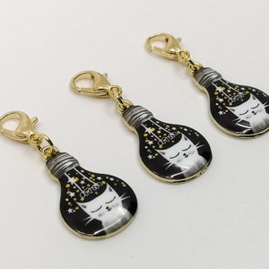 Cat Stitch Markers, Knitting Stitch Markers, Progress Markers, Zipper Pull, Progress Keeper, Cat Charm, Sleeping Cat, Lightbulb Design