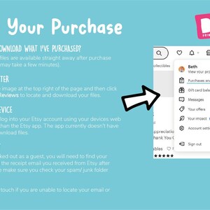 May include: A blue and white graphic with the text "After Your Purchase" and instructions on how to download purchased files from Etsy. The graphic includes a screenshot of the Etsy website showing the "Purchases and Reviews" option in the user's profile menu.