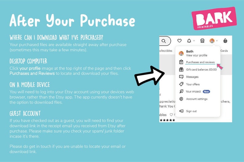 May include: A blue and white graphic with the text "After Your Purchase" and instructions on how to download purchased files from Etsy. The graphic includes a screenshot of the Etsy website showing the "Purchases and Reviews" option in the user's profile menu.