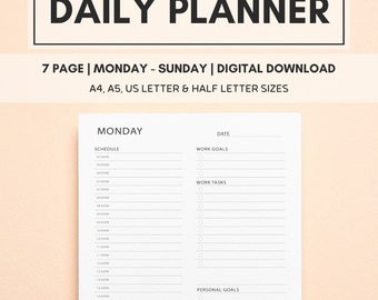 Printable Daily Planner, Monday to Sunday Planner Template, Weekly Planner, Daily Planner Pages, Instant Download