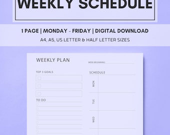 Printable Weekly Schedule Planner, Weekly Planner Template, Weekly Planner, Daily Planner Pages, Monday to Friday, Instant Download