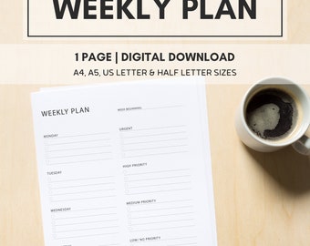 Printable Weekly Priority Planner, Weekly Planner Template, Weekly Planner, Daily Planner Pages, Monday to Friday, Instant Download