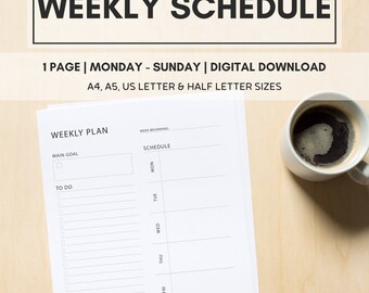 Printable Weekly Schedule Planner, Monday to Sunday, Weekly Planner Template, Weekly Planner, Daily Planner Pages, Instant Download