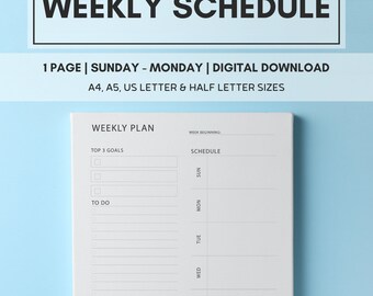 Printable Weekly Schedule Planner, Sunday to Monday, Weekly Planner Template, Weekly Planner, Daily Planner Pages, Instant Download