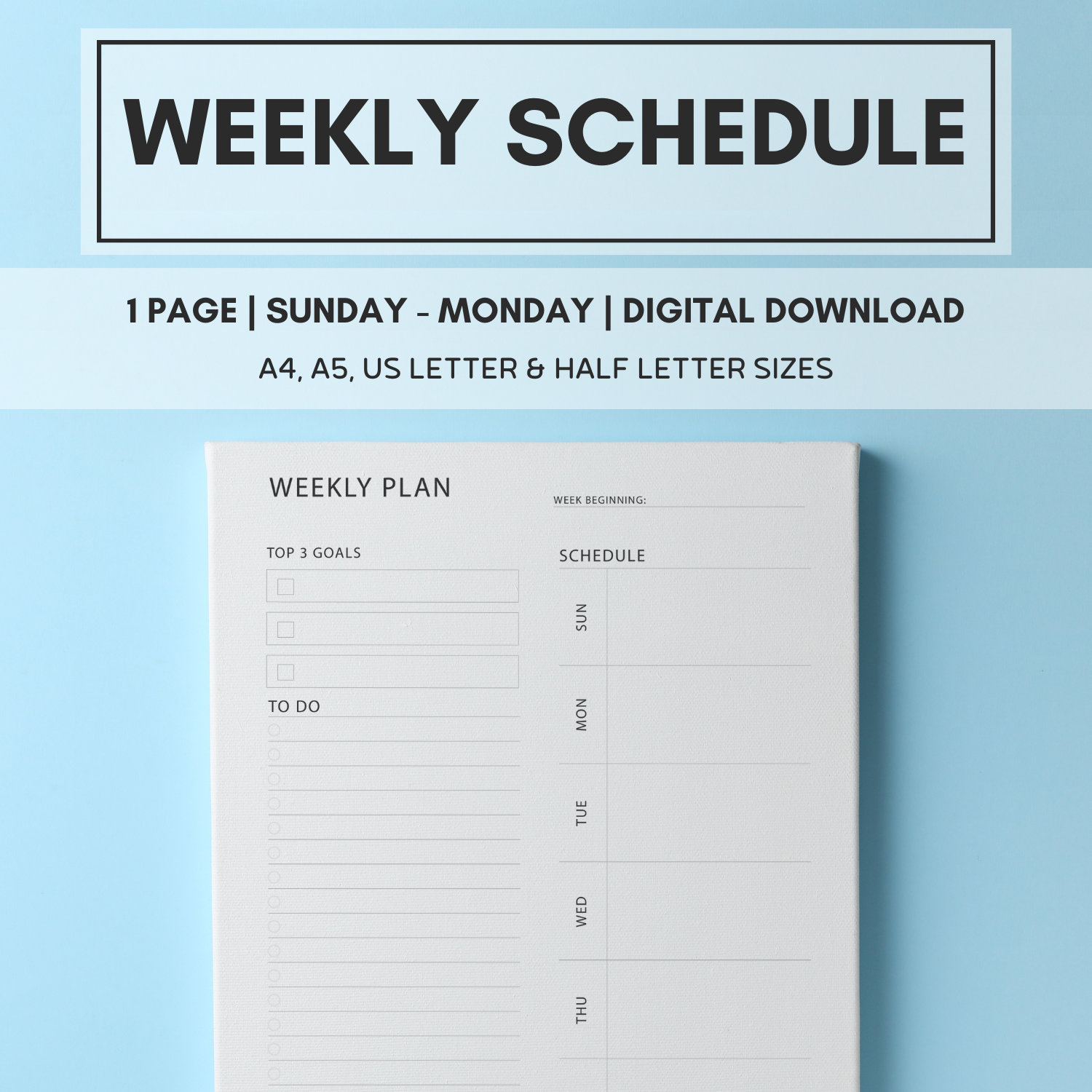 Printable Weekly Schedule Planner, Sunday to Monday, Weekly Planner Template, Weekly Planner ...