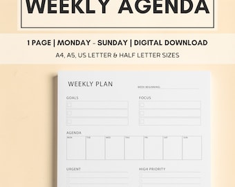 Printable Weekly Agenda Planner, Monday to Sunday, Weekly Planner Template, Weekly Planner, Daily Planner Pages, Instant Download