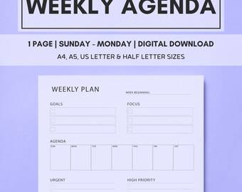 Printable Weekly Agenda Planner, Sunday to Monday, Weekly Planner Template, Weekly Planner, Daily Planner Pages, Instant Download