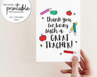Teacher Appreciation Download, Teacher Thank You Card, Printable Greeting Cards, Digital Download ONLY