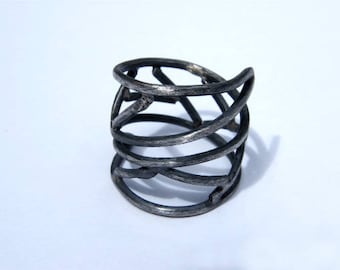 Net. adjustable, wrapped around sterling silver ring, oxidized silver ring, open ring, adjustable ring, fits all