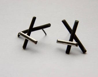 XX. oxidized silver post earrings, silver studs, oxidized silver studs, modern silver earrings, sleek silver earrings, geometric studs