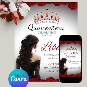 May include: A Quinceañera celebration invitation with a digital phone display. The invitation features a crown, roses, and a woman in a black dress. Text includes "Please join us for a Quinceañera Celebration".