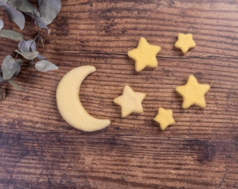 Newborn moon props, felted moon and stars, wool felt shapes, newborn photo props, needle felted props, felt photo prop