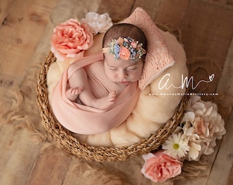 Peach newborn wool photo prop, layering blanket and basket stuffer