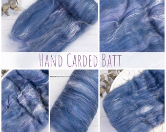 Dark Blue carded art batt, hand dyed wool for felting and spinning, carded batts with merino wool and silk