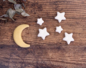 Newborn moon props, felted moon and stars, wool felt shapes, newborn photo props, needle felted props, felt photo prop