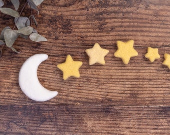 Newborn moon props, felted moon and stars, wool felt shapes, newborn photo props, needle felted props, felt photo prop