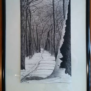 Print- Snowy Forest Path Charcoal Drawing GICLEE PRINT
