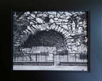 Print- Notre Dame Grotto Charcoal Drawing GICLEE PRINT