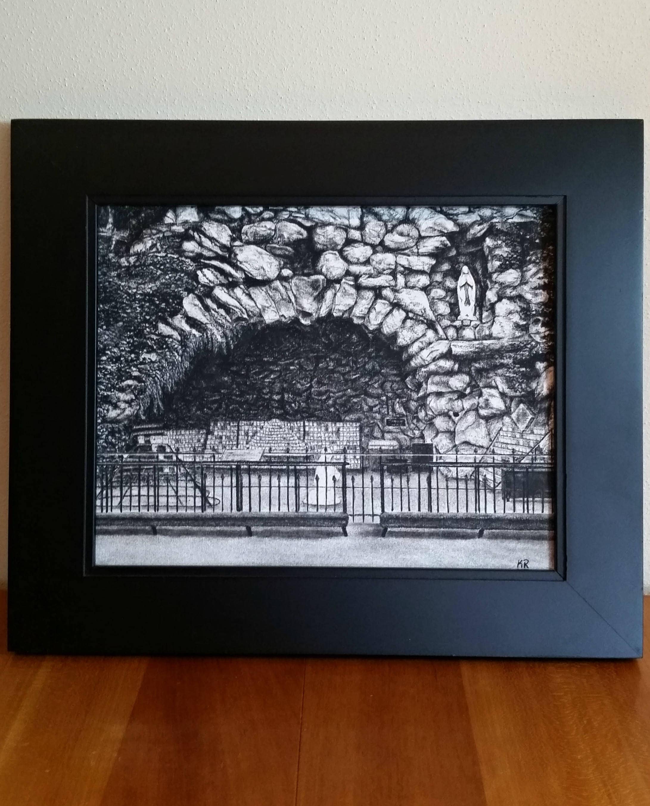Print- Notre Dame Grotto Charcoal Drawing GICLEE PRINT
