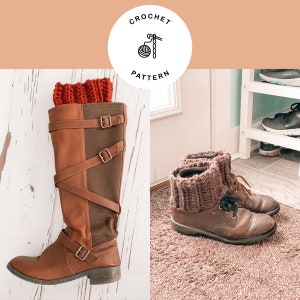 May include: Two pairs of brown leather boots with crocheted boot cuffs. One pair has a red cuff and the other pair has a brown cuff.
