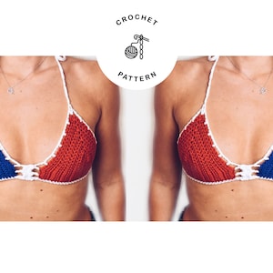 Peut inclure: Haut de bikini en crochet avec des rayures et des étoiles rouge, blanc et bleu. Le haut est réalisé avec un point de crochet et a un style halter.