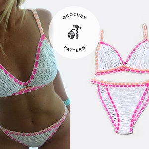 May include: White crochet bikini with pink and orange trim. The crochet bikini top has a triangle shape and the bottom is a high-waisted style. "CROCHET PATTERN" is written in a circle above the bikini.