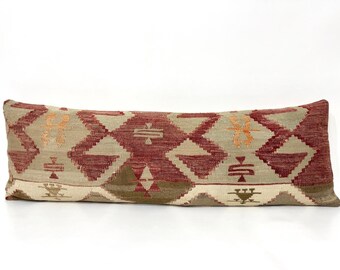 Handwoven Vintage Kilim Pillow with Muted Color Turkish Kilim Lumbar Cover, Decorative Cushion Cover, High Quality Turkish Kilim Pillow