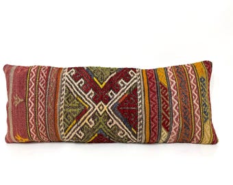 Interior Design Large Pillow, Antique Kilim Rug Pillow Case, Bed Pillow Cover, Embroidery Cushion with Red Green Yellow Natural Colors 14x34