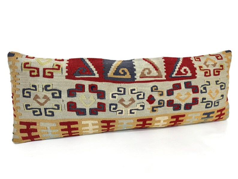 Kilim Pillow Cover, 14"x38" Kissen Kilim Pillow, Blue Cushion, Bed Lumbar Pillow, Bedding Long Pillow Cover, Blue Decor, Kissen Pillow image 2