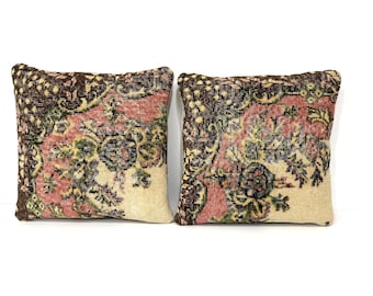 20X20 Vintage Midcentury Oushak Rug Pillow, Pink & Brown Anatolian Accent Pillow, Antique Wool Cushion Cover, Christmas Gift Pillow