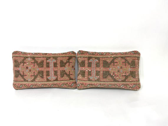 Antique Boho Pillow Cover, 9x14 Inches Set of Two Kilim Pillow Cover, Small Cushion Cover, Pillow for Chair, Mid Century Minimalist