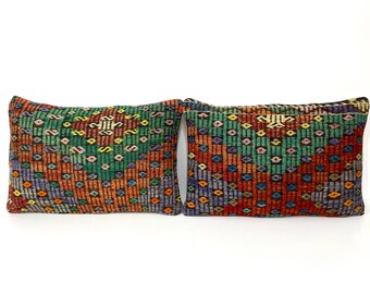 Handwoven Kilim Pillow Cover Set, Organic Wool Cushions (16”x24”)